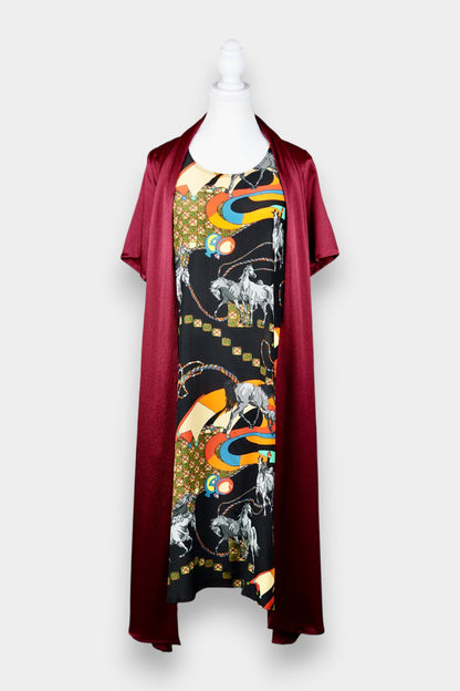 Mulberry Silk Layered Print Midi Dress with Open Front Panel