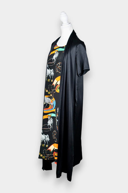 Mulberry Silk Layered Print Midi Dress with Open Front Panel