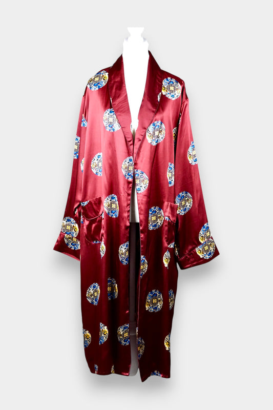 Printed Silk Robe with Oriental Motif in Burgundy