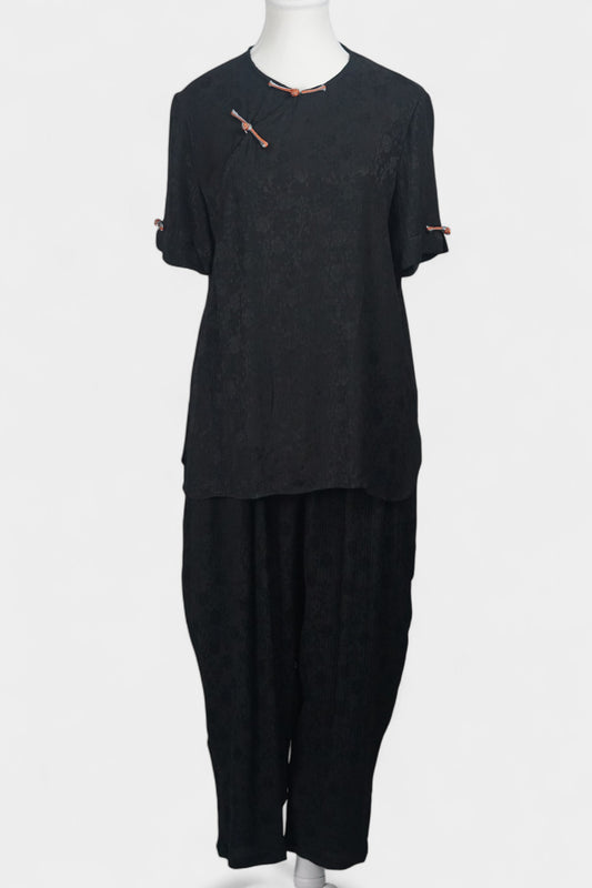 Handcrafted Mulberry Silk Two-Piece Set | New Chinese Style Short-Sleeve Top & Trousers