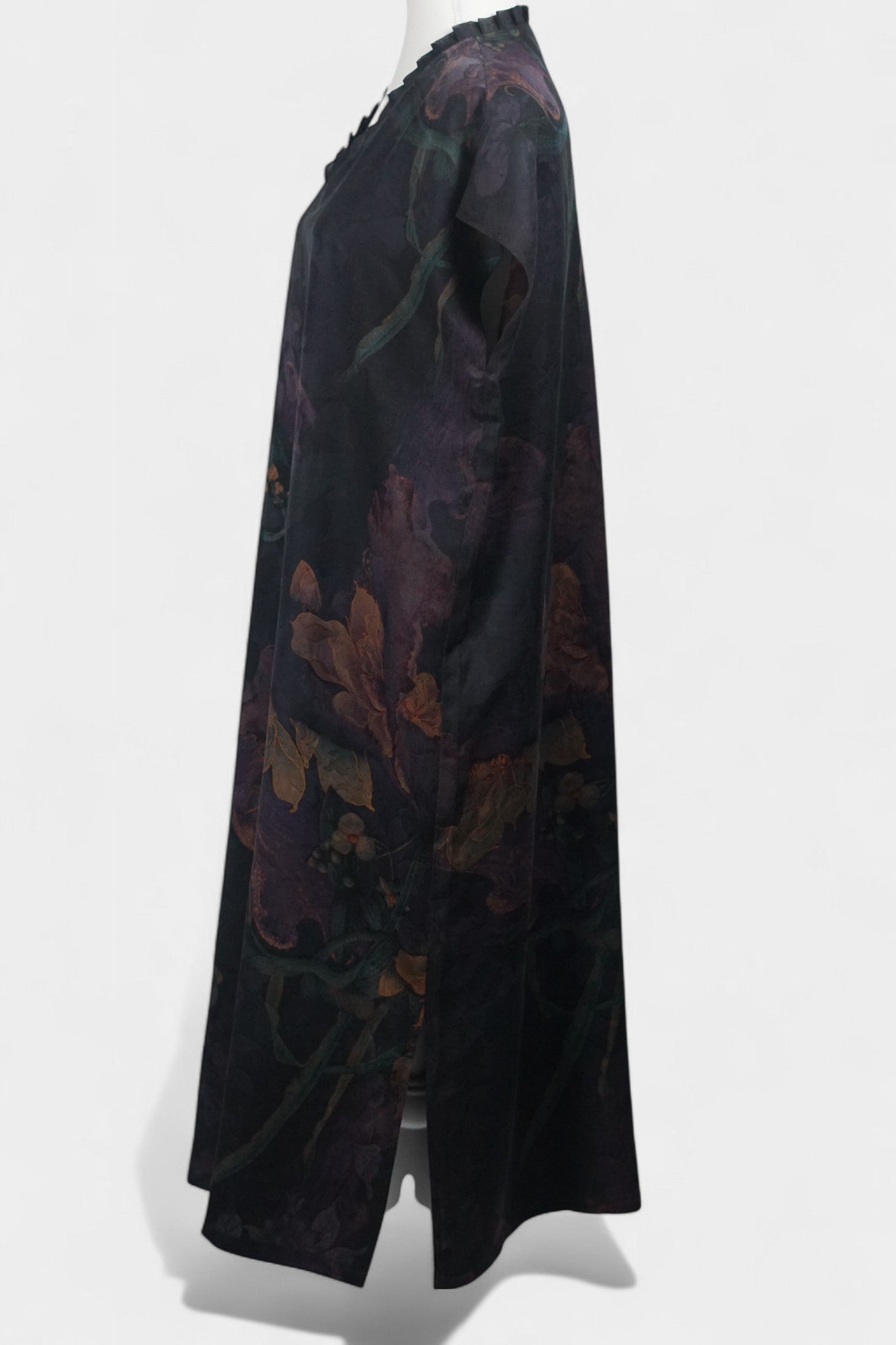 Gambiered Guangdong Gauze Silk Maxi Dress | Ruffle V-Neck | Dark Floral