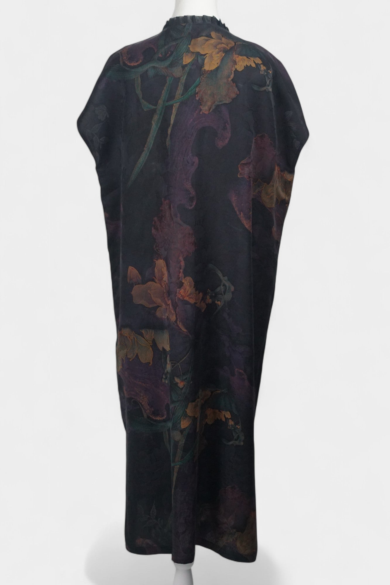 Gambiered Guangdong Gauze Silk Maxi Dress | Ruffle V-Neck | Dark Floral