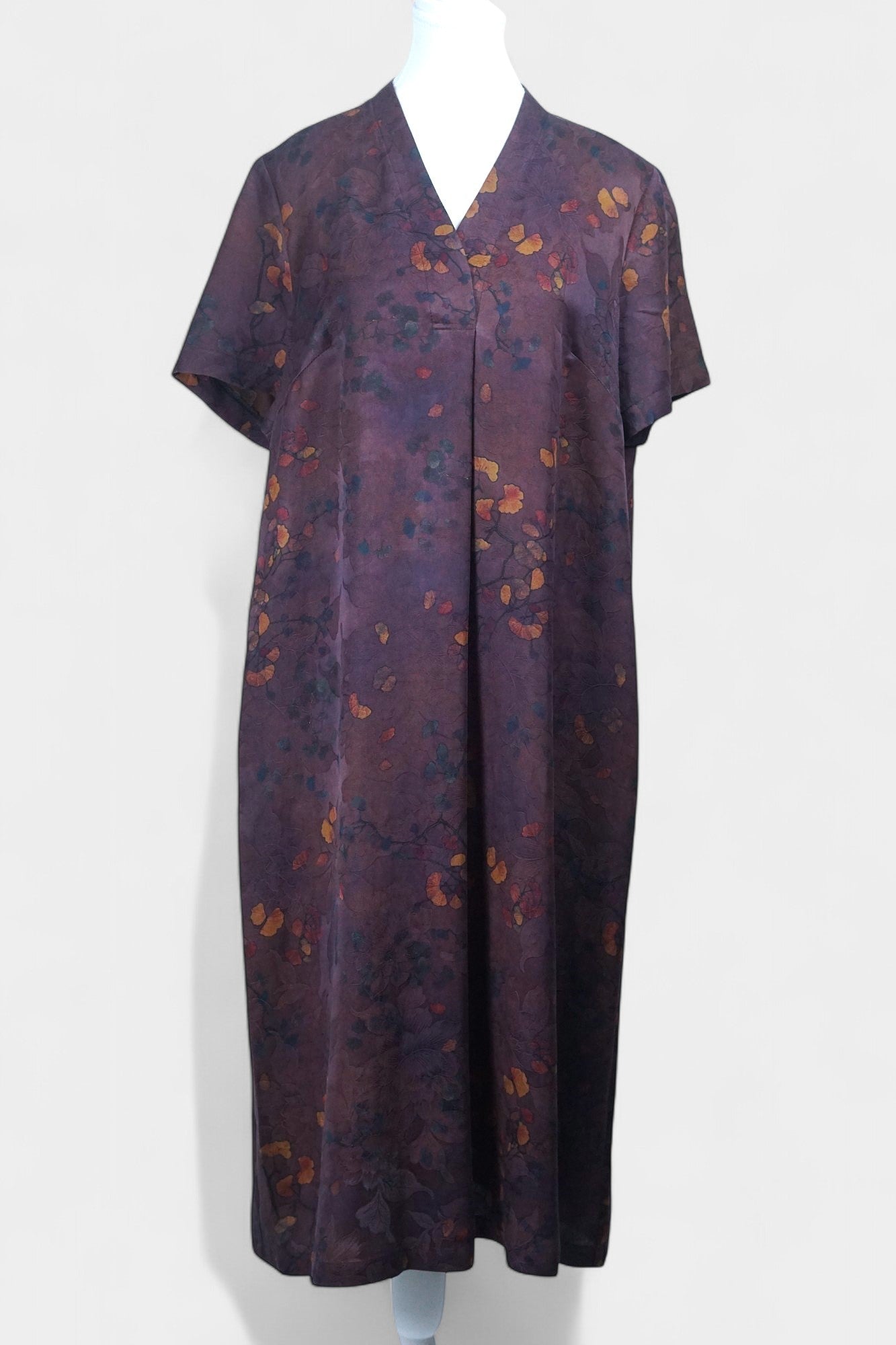 Gambiered Guangdong Gauze Silk Dress | V-Neck Maxi | Autumnal Print
