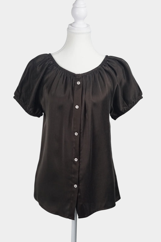 Elegant Chocolate Brown Mulberry Silk Top | Puff-Sleeve Blouse | 100% Silk