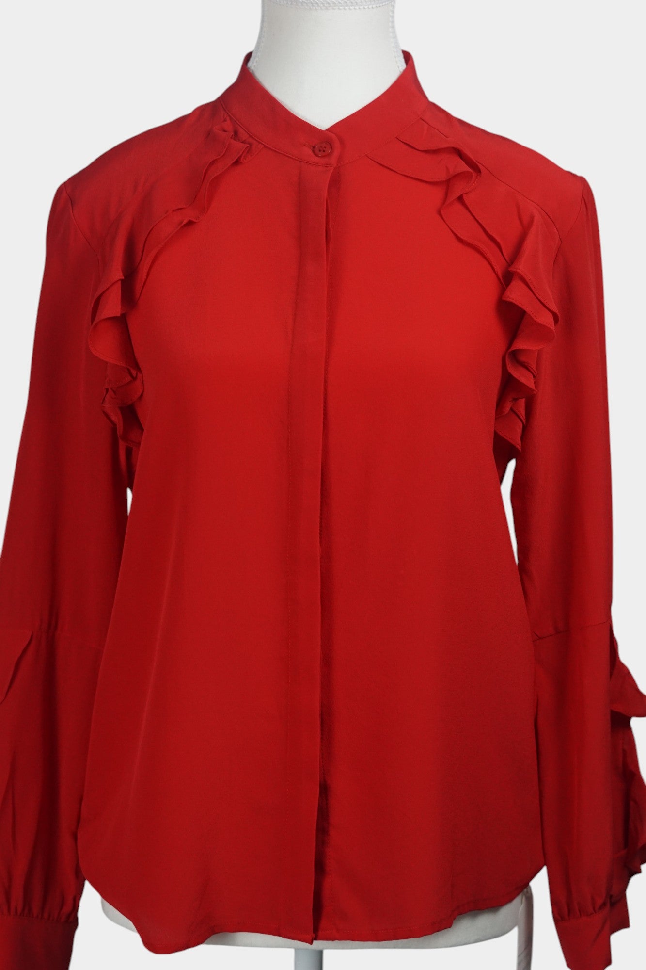Vibrant Red Mulberry Silk Blouse | Ruffled Long-Sleeve Shirt | 100% Silk
