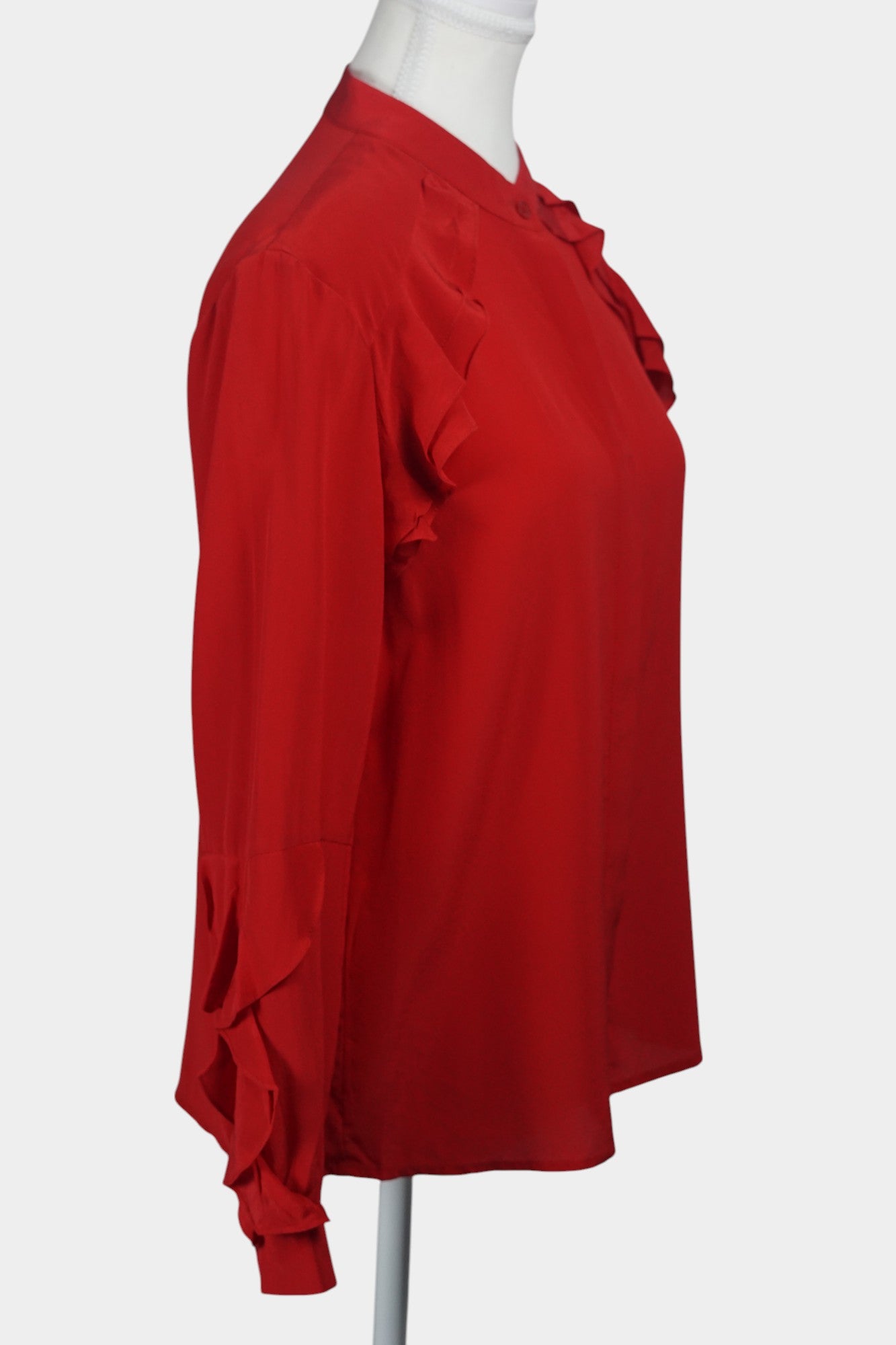 Vibrant Red Mulberry Silk Blouse | Ruffled Long-Sleeve Shirt | 100% Silk