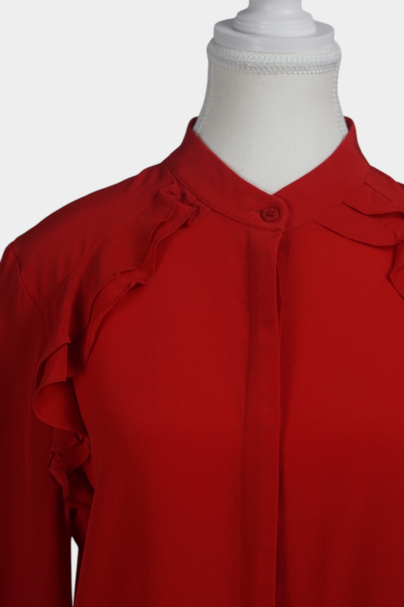 Vibrant Red Mulberry Silk Blouse | Ruffled Long-Sleeve Shirt | 100% Silk