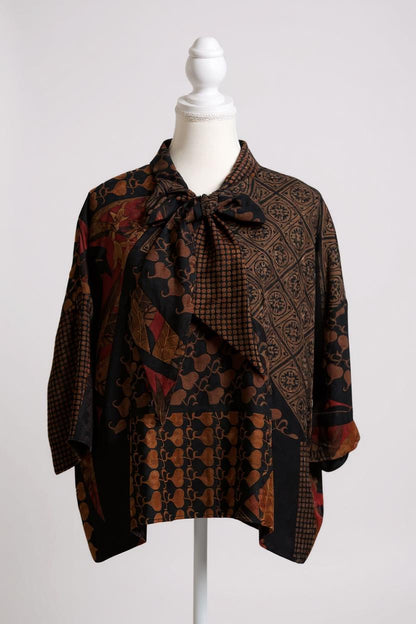 Women's vintage style mud silk top, Gambiered Canton Gauze shirt with pussy bow neckline and earth tone patterns.