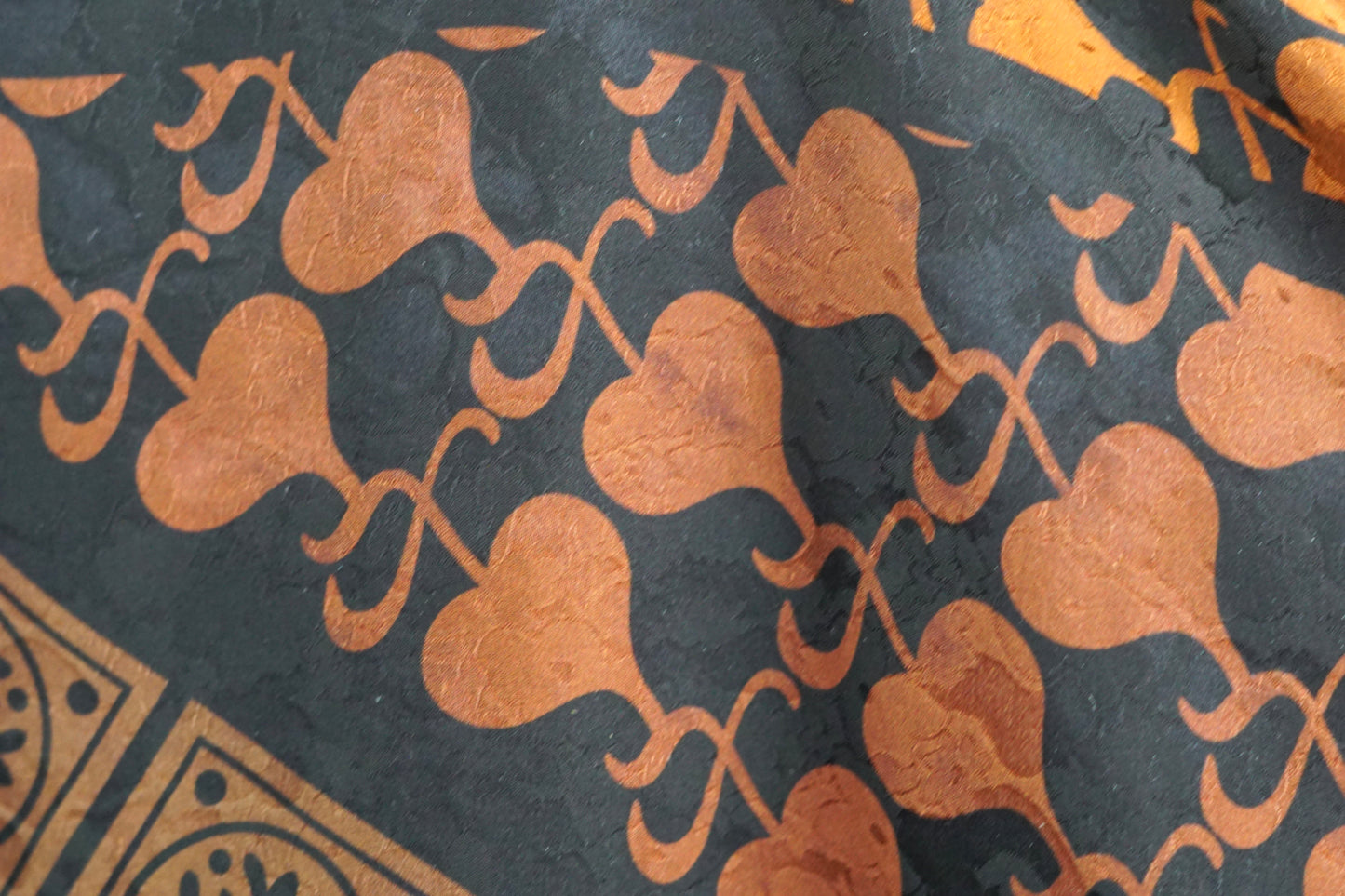 Women's vintage style mud silk top, Gambiered Canton Gauze shirt with pussy bow neckline and earth tone patterns.