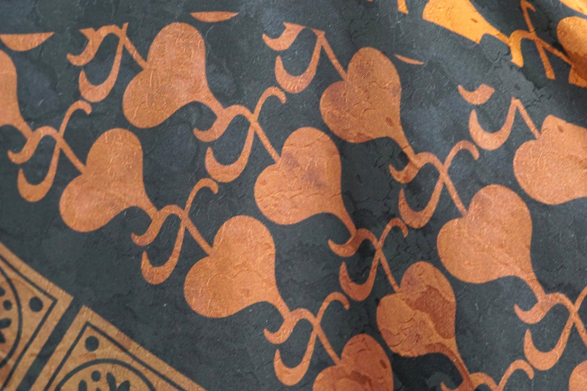 Women's vintage style mud silk top, Gambiered Canton Gauze shirt with pussy bow neckline and earth tone patterns.