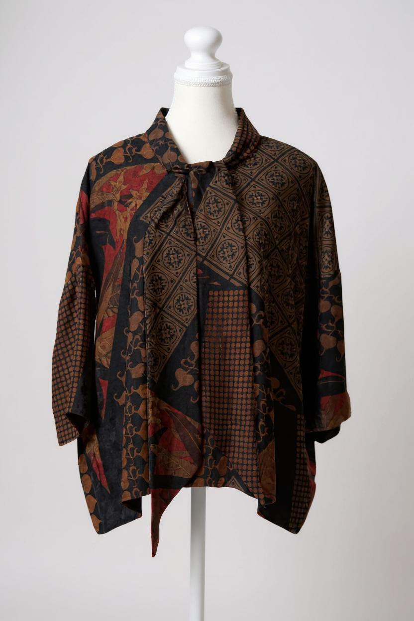 Women's vintage style mud silk top, Gambiered Canton Gauze shirt with pussy bow neckline and earth tone patterns.