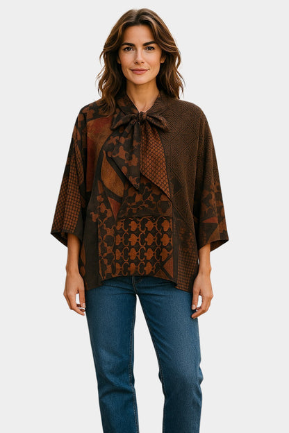Women's vintage style mud silk top, Gambiered Canton Gauze shirt with pussy bow neckline and earth tone patterns.
