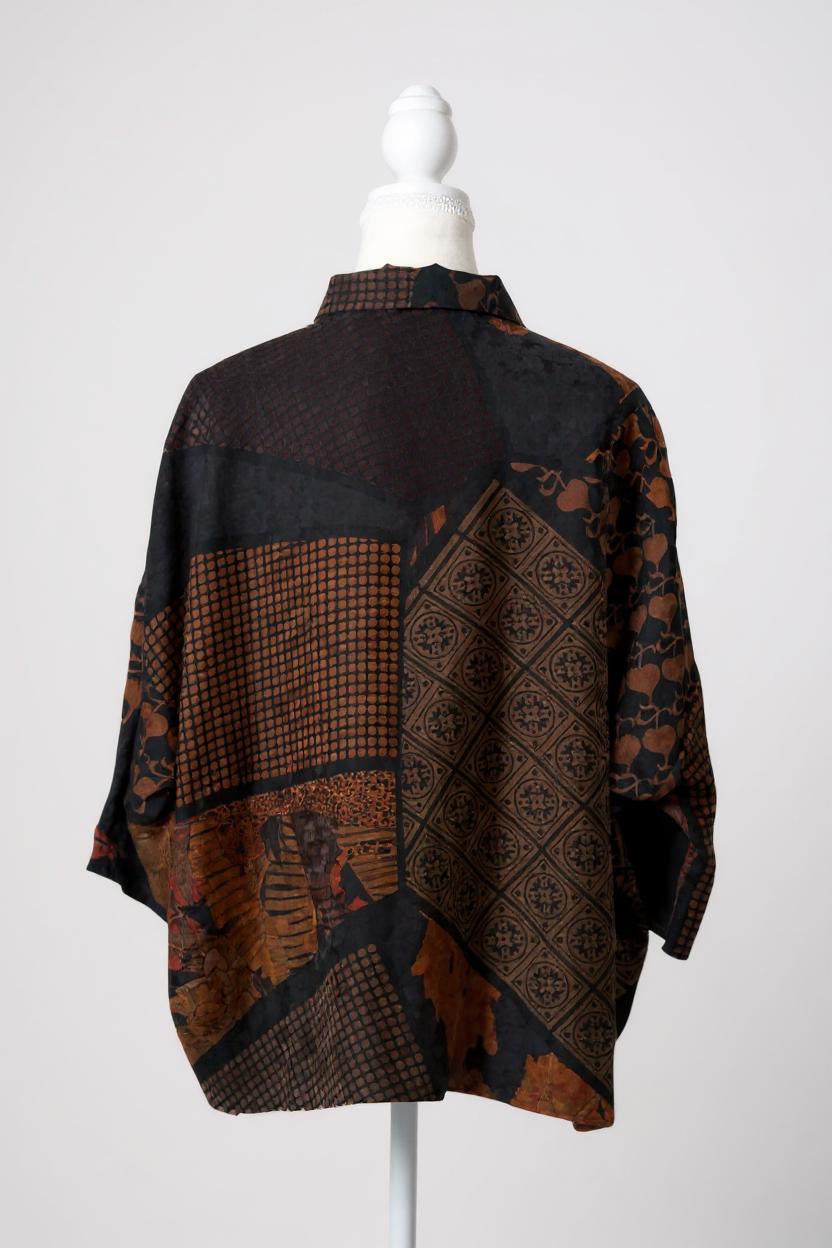 Women's vintage style mud silk top, Gambiered Canton Gauze shirt with pussy bow neckline and earth tone patterns.