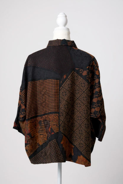 Women's vintage style mud silk top, Gambiered Canton Gauze shirt with pussy bow neckline and earth tone patterns.