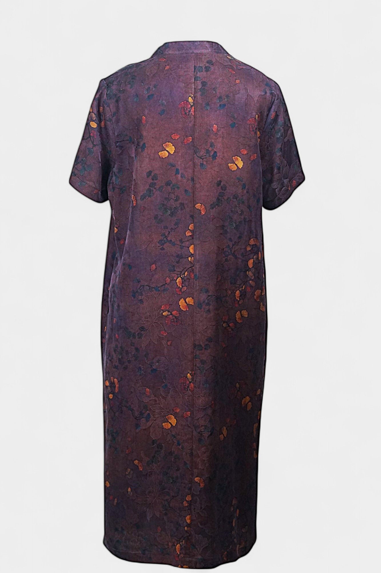 Aubergine purple Xiangyun Sha silk dress featuring a scattered autumn leaf print and V-neckline