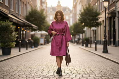 Mottled pink raspberry Gambiered Guangdong Gauze silk coat with tie belt.