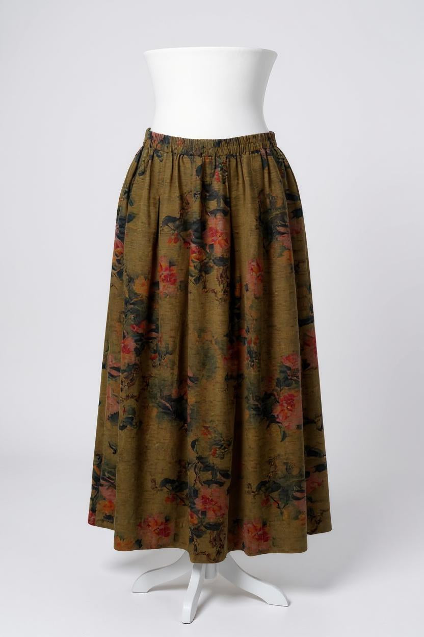 Gambiered Canton Gauze silk skirt featuring vintage floral print and elastic waistband.