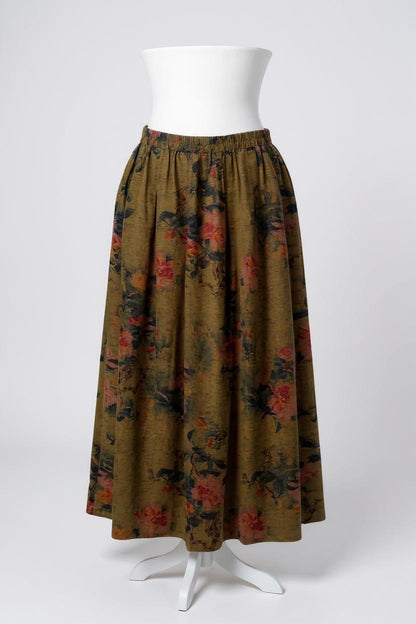 Gambiered Canton Gauze silk skirt featuring vintage floral print and elastic waistband.