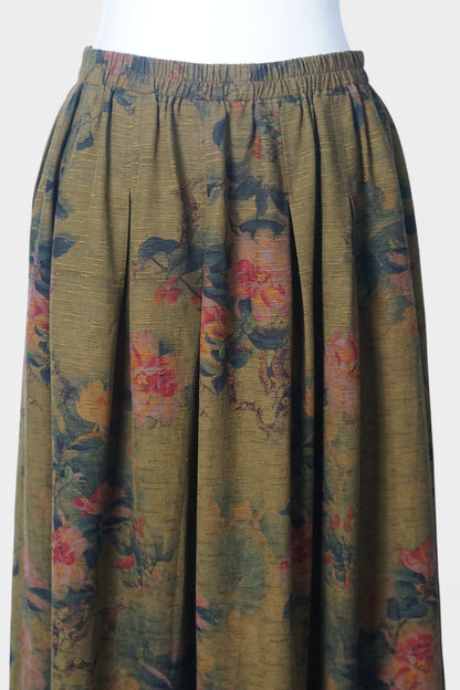 Gambiered Canton Gauze silk skirt featuring vintage floral print and elastic waistband.
