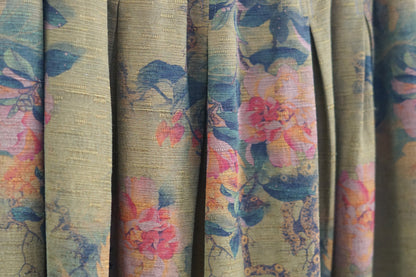 Gambiered Canton Gauze silk skirt featuring vintage floral print and elastic waistband.