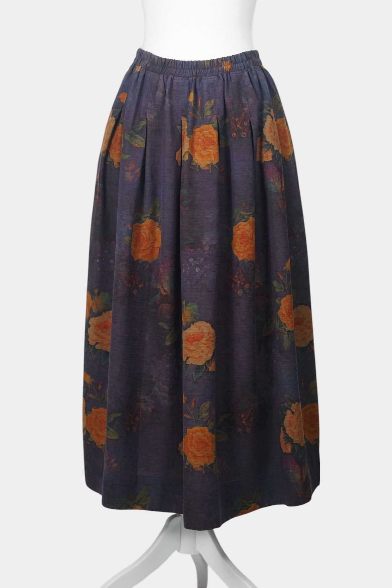 Purple Gambiered Canton Gauze silk skirt with orange floral print and elastic waist.