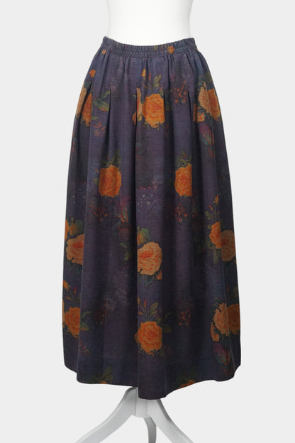 Purple Gambiered Canton Gauze silk skirt with orange floral print and elastic waist.