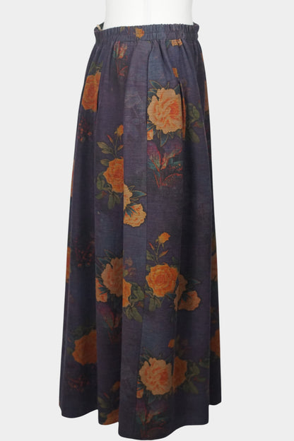 Purple Gambiered Canton Gauze silk skirt with orange floral print and elastic waist.