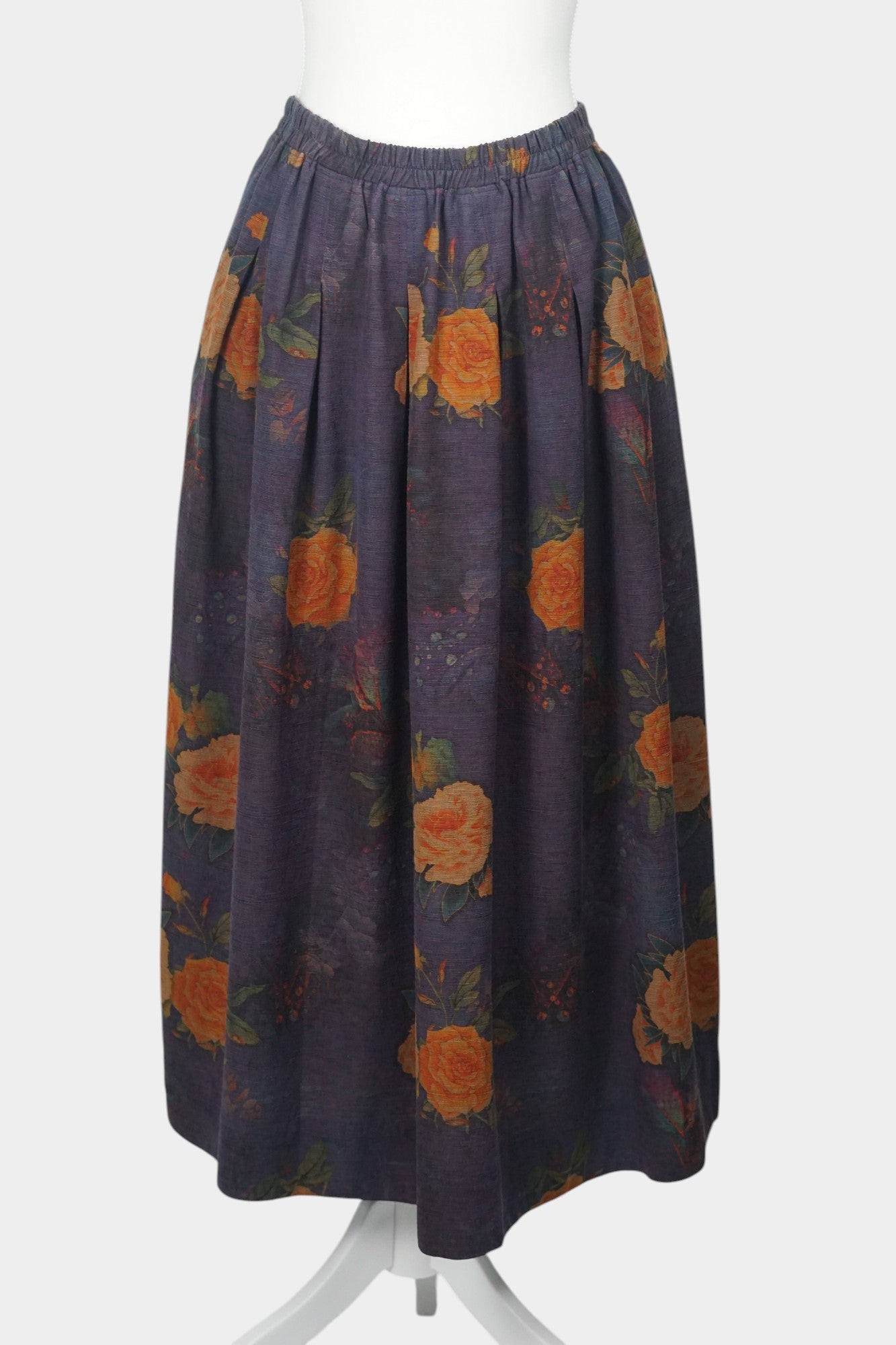Purple Gambiered Canton Gauze silk skirt with orange floral print and elastic waist.