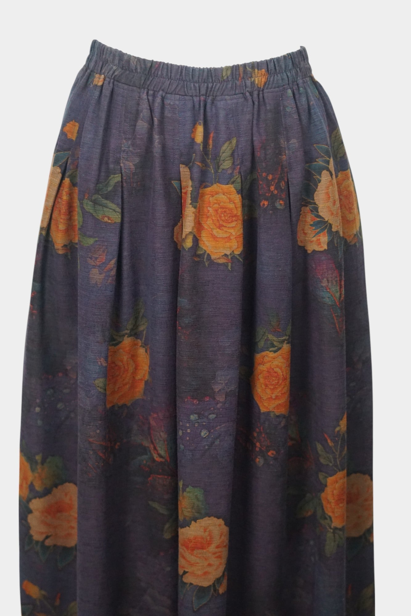 Purple Gambiered Canton Gauze silk skirt with orange floral print and elastic waist.