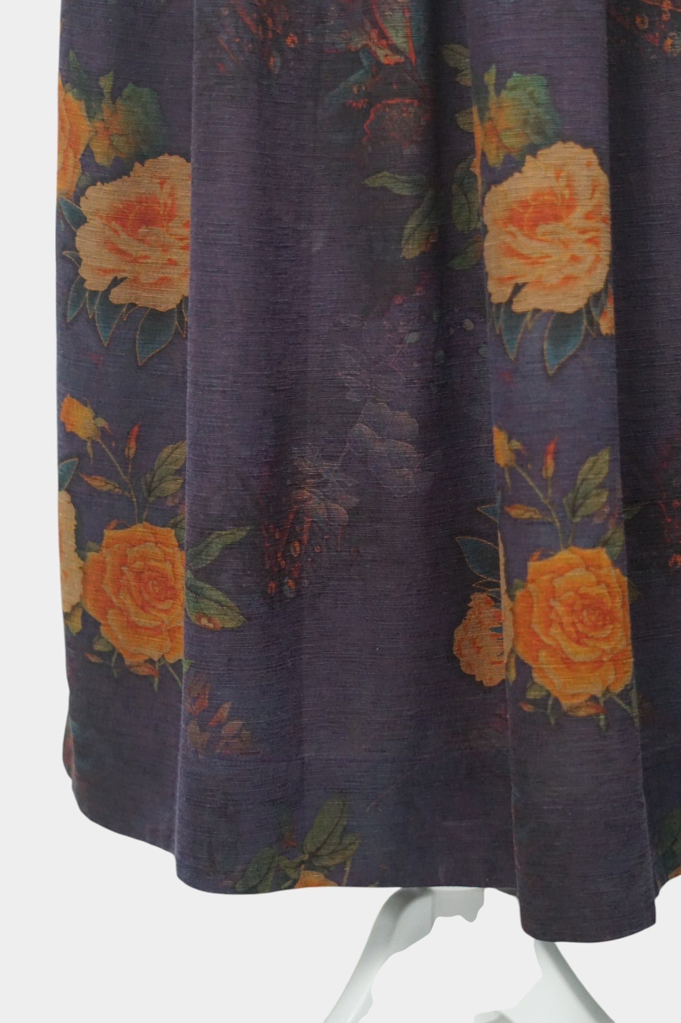 Purple Gambiered Canton Gauze silk skirt with orange floral print and elastic waist.