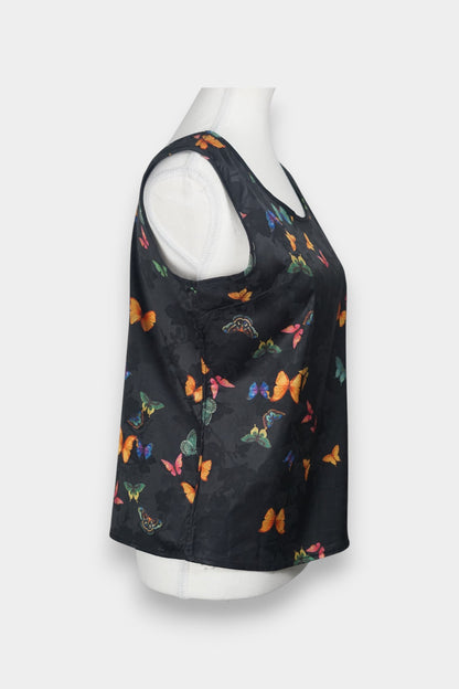 Women's sleeveless top made from dark Xiangyun Sha (Gambiered Silk), featuring a mandarin collar and unique matte sheen