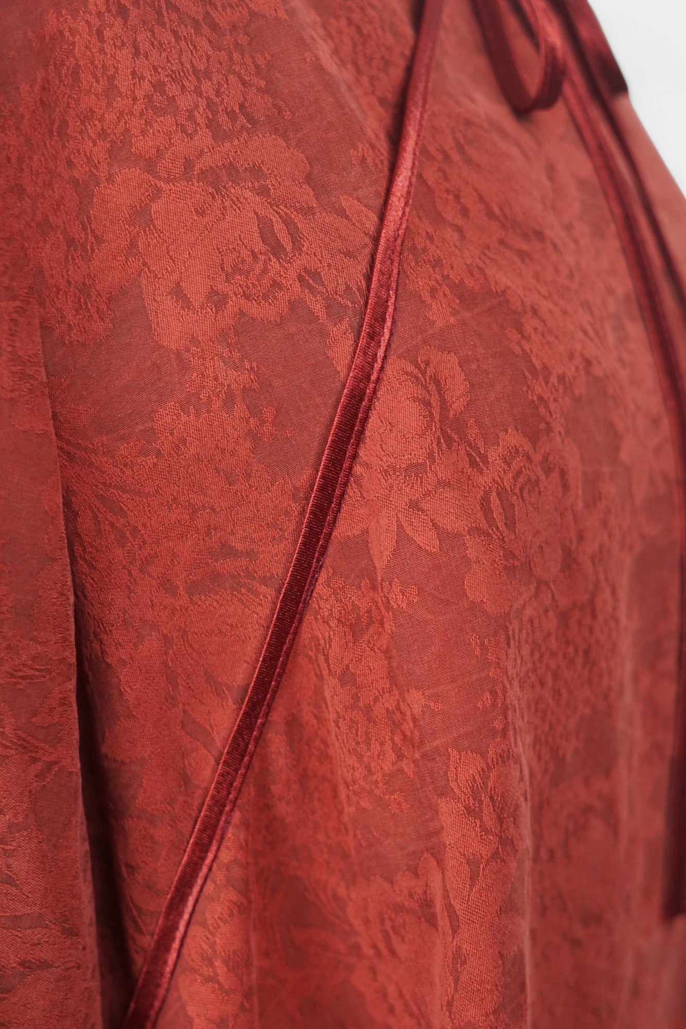 Women's vintage style mud silk blouse, cinnabar red short sleeve shirt with tonal floral pattern for summer.