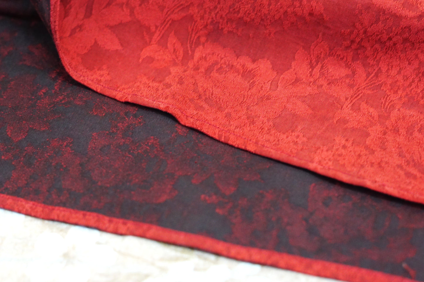 Women's vintage style mud silk blouse, cinnabar red short sleeve shirt with tonal floral pattern for summer.