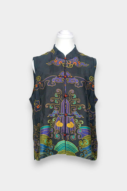 Black Gambiered Canton Gauze silk vest with auspicious cloud embroidery and mandarin collar.