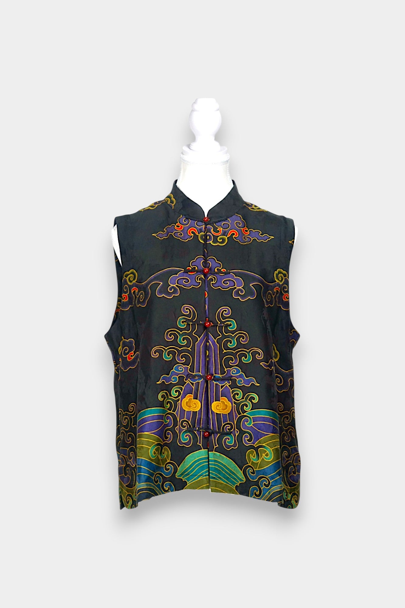 Black Gambiered Canton Gauze silk vest with auspicious cloud embroidery and mandarin collar.