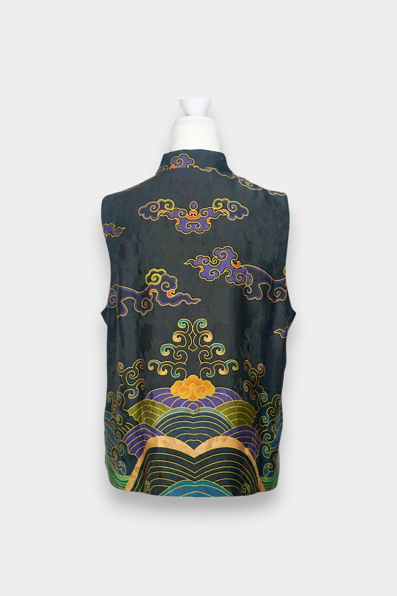 Black Gambiered Canton Gauze silk vest with auspicious cloud embroidery and mandarin collar.