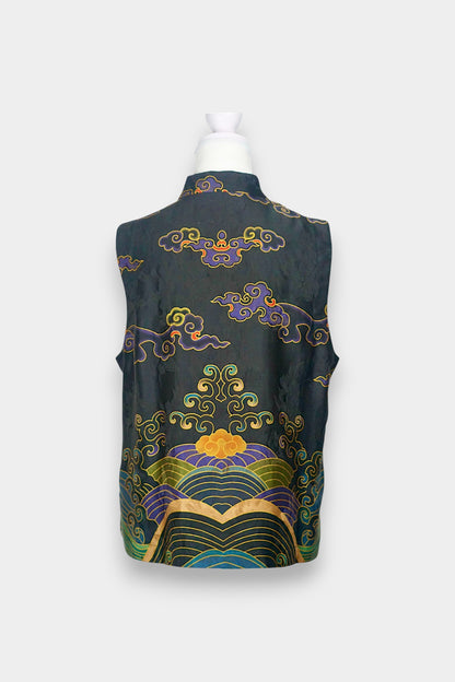 Black Gambiered Canton Gauze silk vest with auspicious cloud embroidery and mandarin collar.