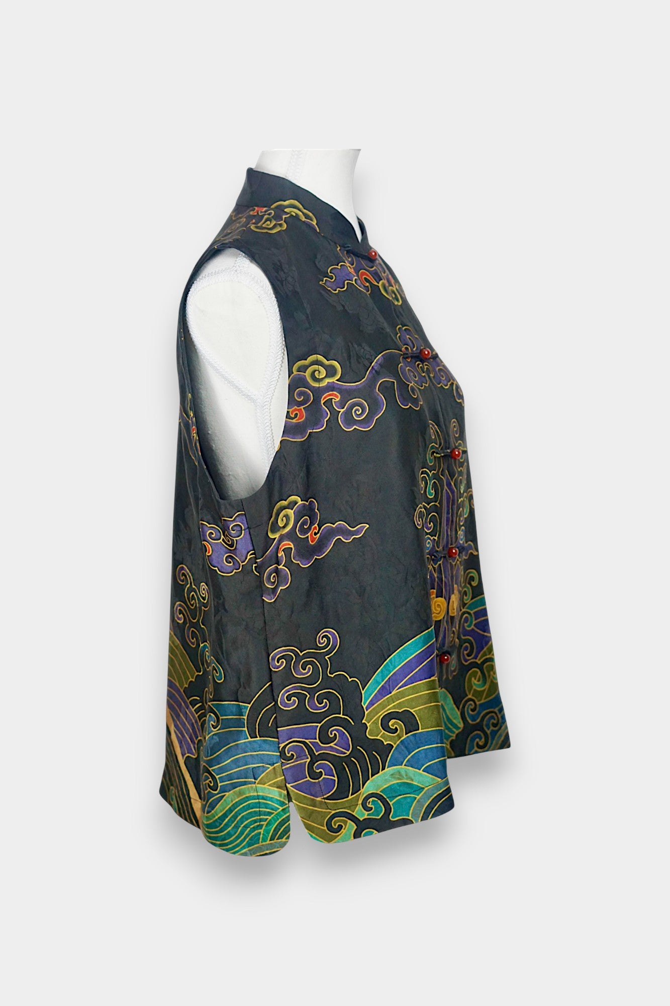 Black Gambiered Canton Gauze silk vest with auspicious cloud embroidery and mandarin collar.