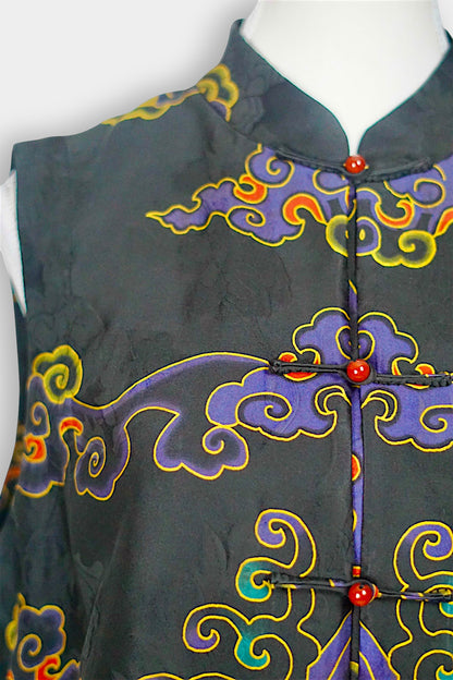 Black Gambiered Canton Gauze silk vest with auspicious cloud embroidery and mandarin collar.