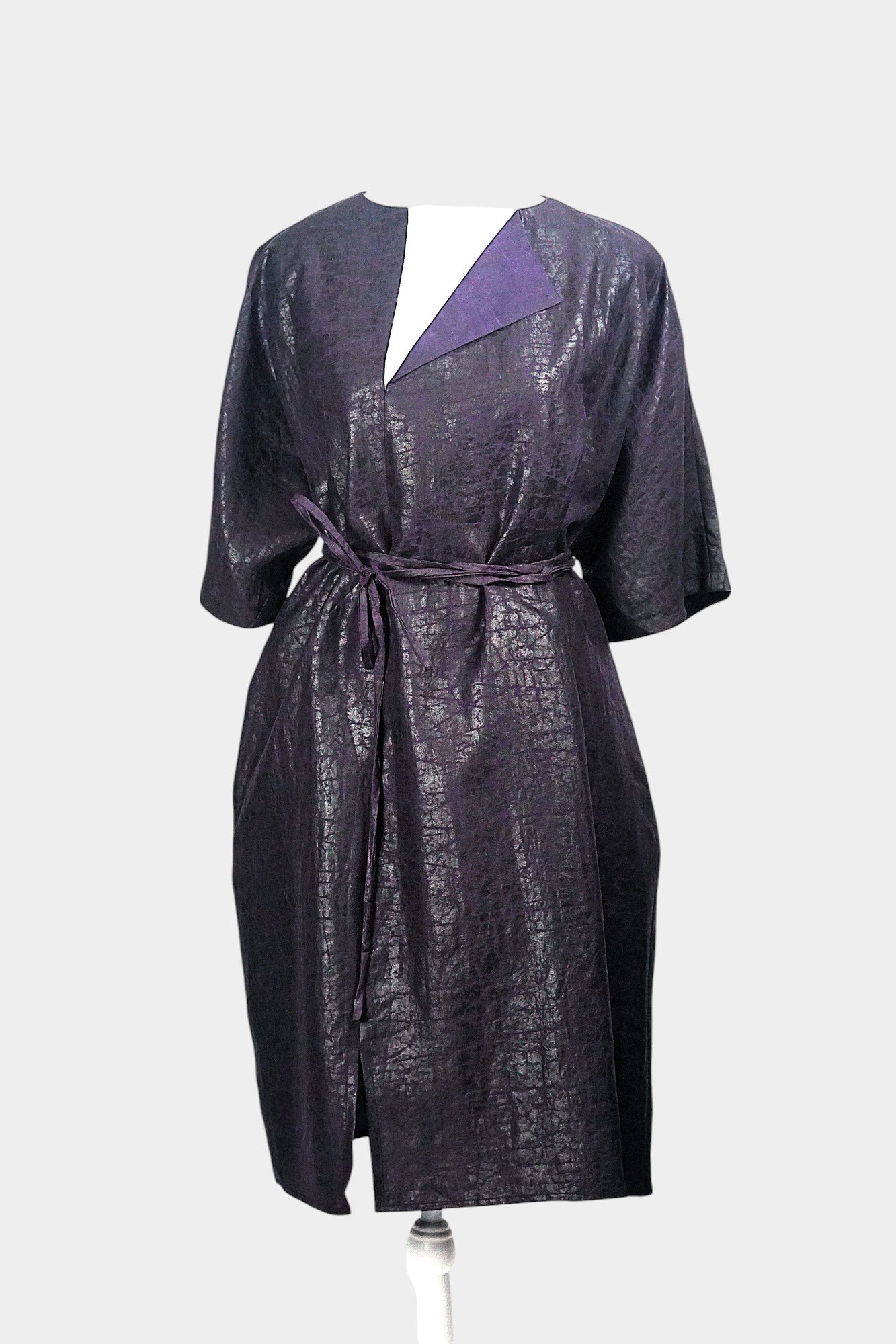 Women's artisan mud silk coat, Gambiered Canton Gauze kimono robe jacket in deep aubergine