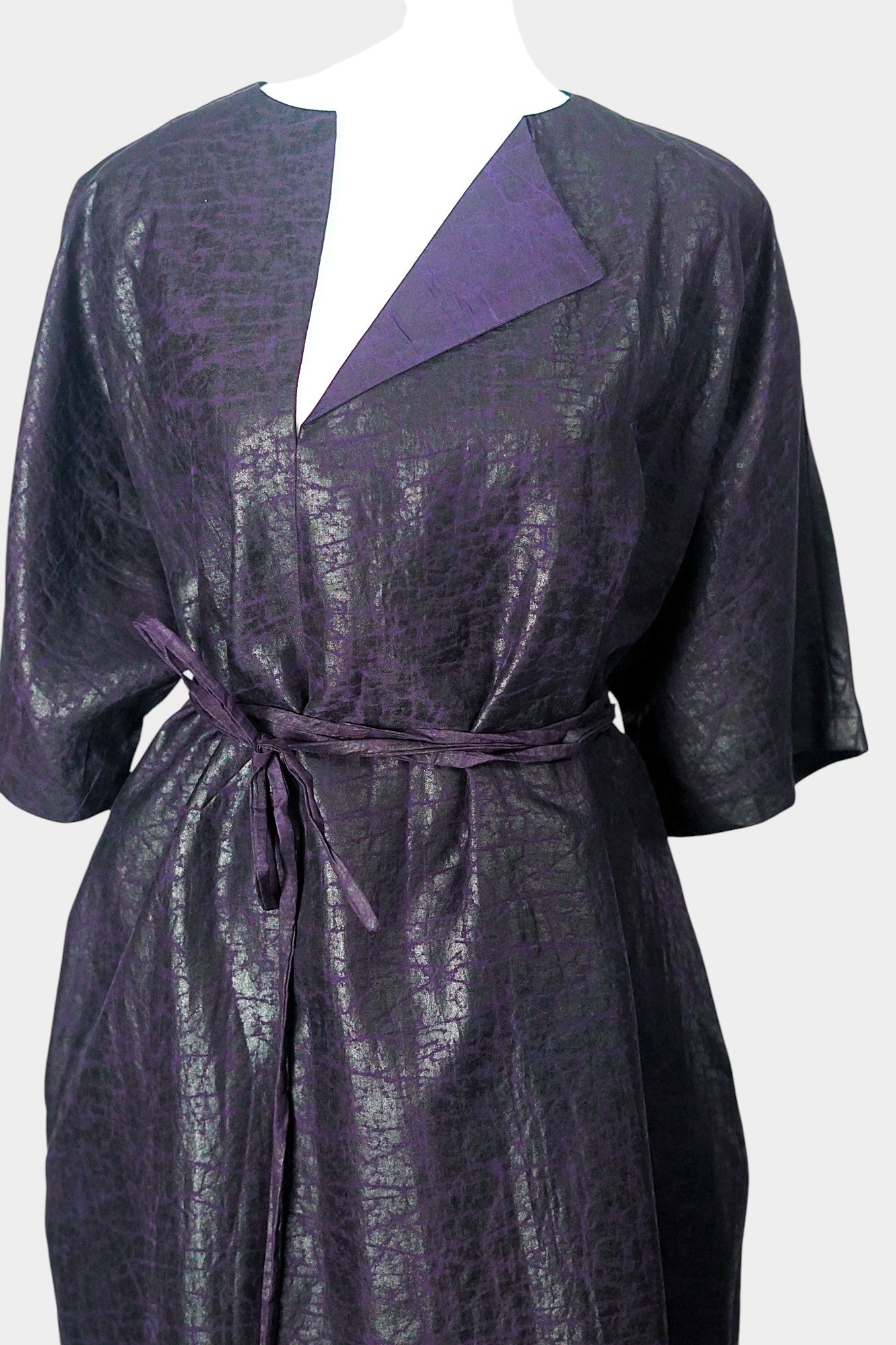 Women's artisan mud silk coat, Gambiered Canton Gauze kimono robe jacket in deep aubergine