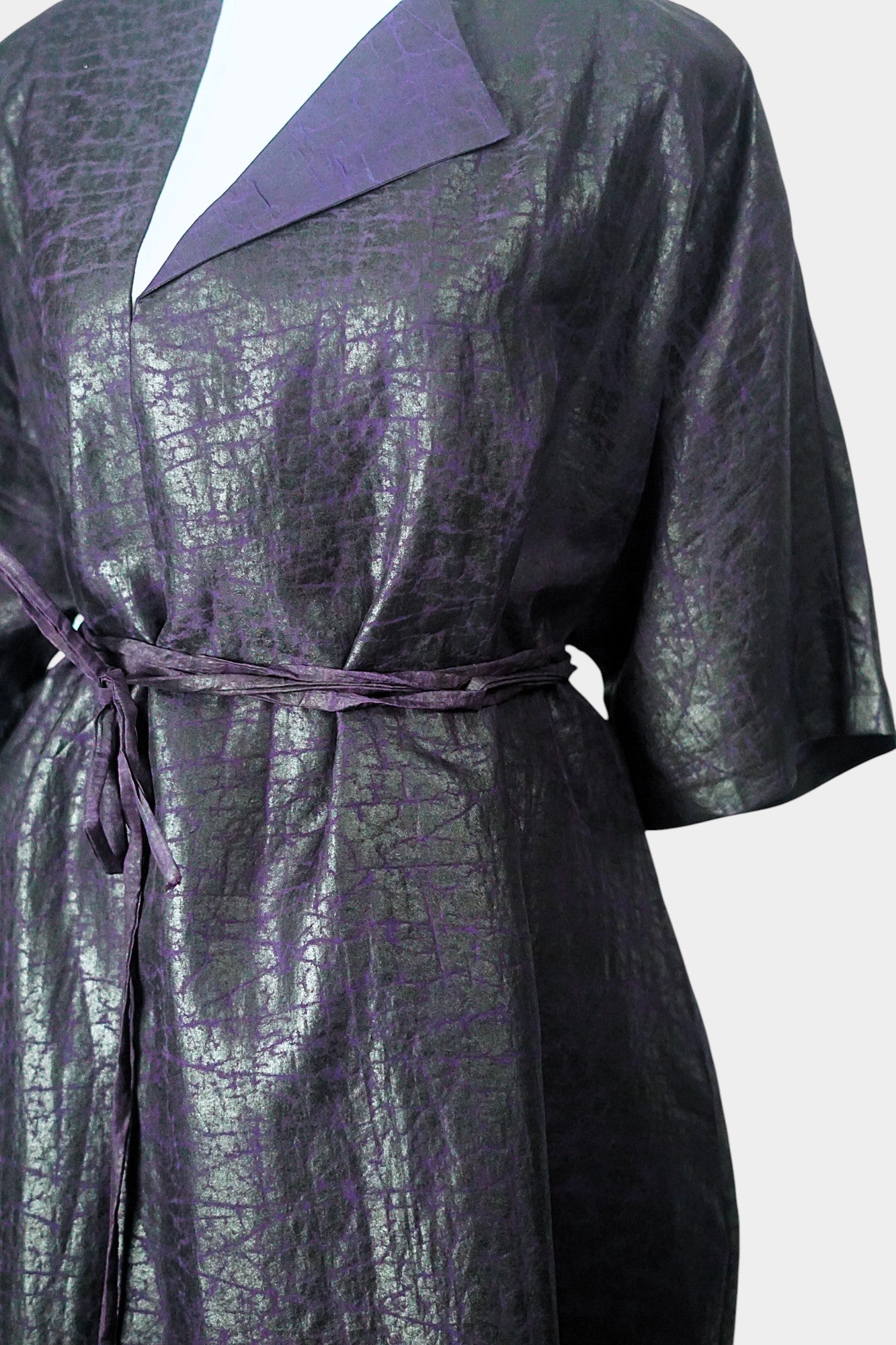 Women's artisan mud silk coat, Gambiered Canton Gauze kimono robe jacket in deep aubergine
