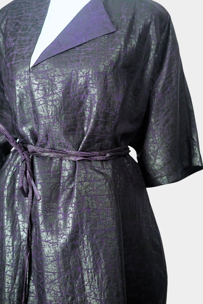 Women's artisan mud silk coat, Gambiered Canton Gauze kimono robe jacket in deep aubergine