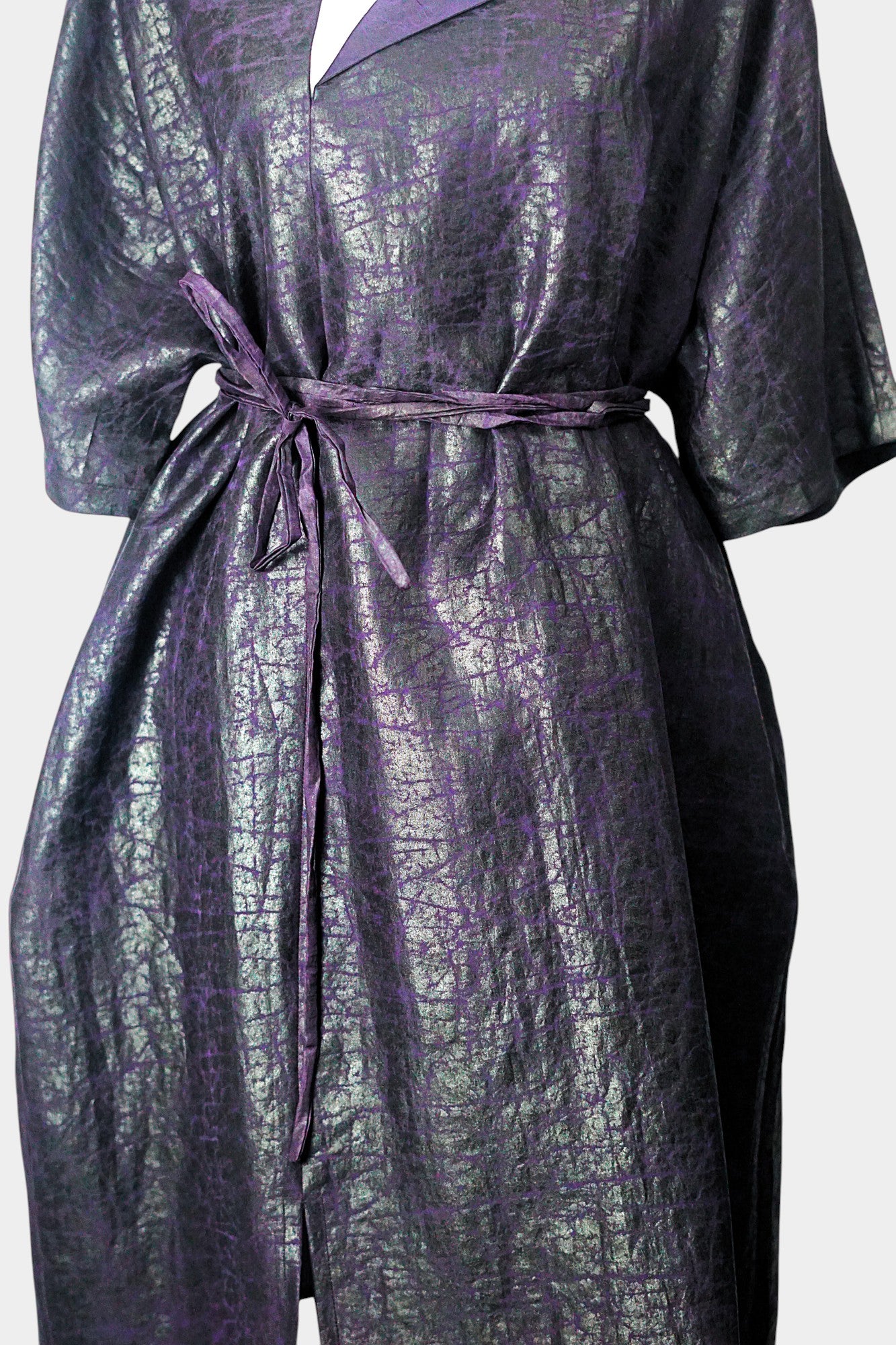 Women's artisan mud silk coat, Gambiered Canton Gauze kimono robe jacket in deep aubergine