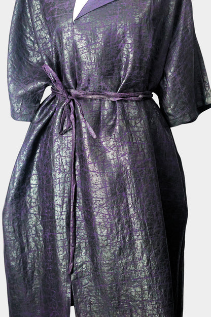 Women's artisan mud silk coat, Gambiered Canton Gauze kimono robe jacket in deep aubergine