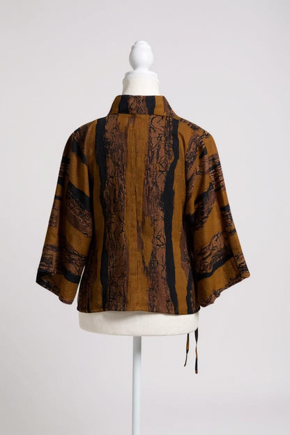 Gambiered Guangdong Gauze Silk Wrap Top with Abstract Earth-Tone Texture