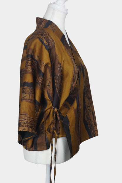 Gambiered Guangdong Gauze Silk Wrap Top with Abstract Earth-Tone Texture