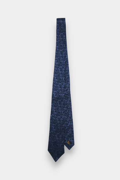 Printed Silk Necktie with Repeat Floral Motif in Blue Tones
