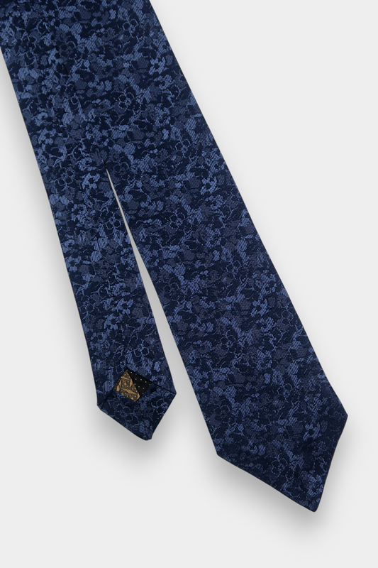 Printed Silk Necktie with Repeat Floral Motif in Blue Tones