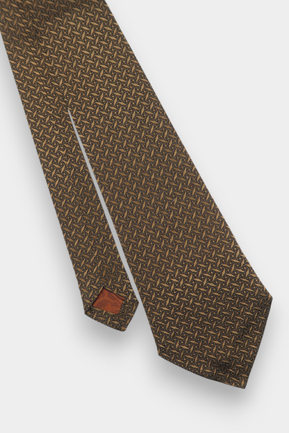 Pure Silk Woven Tie with Repeat Geometric Pattern in Gold